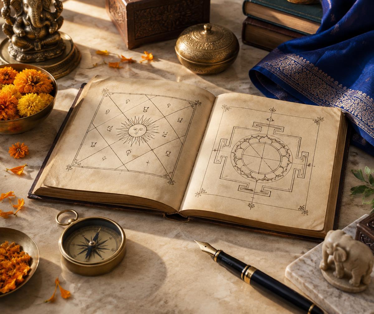 Vedic chart and brass compass arranged on a sunlit desk